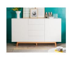 Buffet 2 portes 4 tiroirs en bois laqué blanc piètement chêne JACOBSON