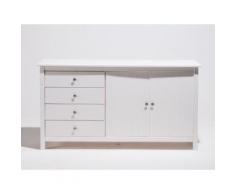 Buffet bas en bois massif 2 portes 4 tiroirs Longueur 150cm BERNA Blanc