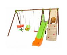 Portique bois/métal 3 agrès+toboggan+mur escalade+cabane KEMPRO Techwood premium