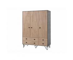 Armoire en bois massif vernis naturel et noir avec tiroirs WILO 3 portes