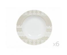 Assiette creuse en porcelaine D.22cm blanc/taupe - Lot de 6 DENTELLE