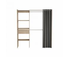 Dressing extensible 4 niches 1 tiroir 2 penderies bois + rideau H187cm CHICAGO Chêne brossé