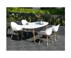 Salon de jardin : 1 table ovale 190cm plateau duranite + 4 fauteuils coque résine injectée et pieds bois St Tropez Blanc