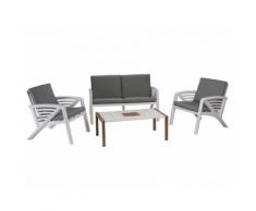 Salon bas de jardin 4 personnes résine/alu: canapé 2 places + 2 fauteuils + table basse LOUNGE Blanc et bois