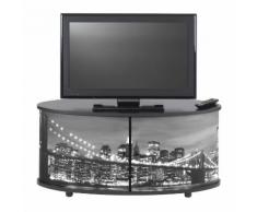 Meuble TV bas en bois avec 2 rideaux coulissants L110.5cm caisson noir PRINT New York