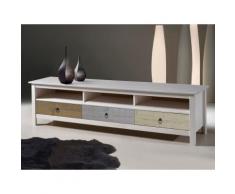 Meuble TV bas en bois massif 3 tiroirs et 3 niches Longueur 158cm FLORA