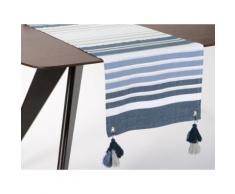 Chemin de table 100% coton rayure bayadère bleu/gris fil lurex pompons 45x150cm HORIZON