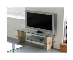 Meuble TV 2 plateaux en verre trempé/pieds bois décor San remo L120cm ROSARIO
