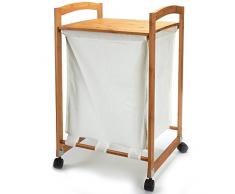 MSV 140641 Panier à Linge avec Roulettes/Plateau Bambou/Laqué Nitrocellulose/Toile Ecru 45 x 41 x 73 cm