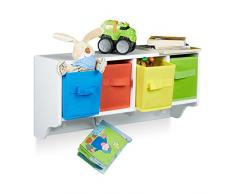 Relaxdays Etagere murale pour enfants ALBUS avec 4 crochets manteaux 4 boîtes de rangement colorées H x l x P: 28 x 61 x 16 cm, blanc