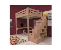 Lit Mezzanine Alpage bois + escalier cube hauteur réglable, 120 x 200 cm