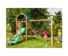 Portique en bois avec maisonnette 2 balaçoires et un toboggan,