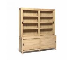 Vaisselier en chêne avec portes coulissantes et vitrine 200cm Beige