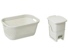 DEA Home Z003RE01 Art. 003 Lot de 2 Pièces Corbeille à Linge + Poubelle Polypropylène Blanc Laiteux 45/6 L