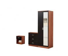 yakoe Meubles de chambre armoire commode chevet, en bois, Noyer/noir, 3 pièces
