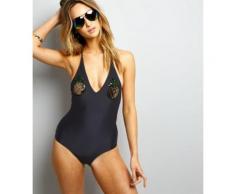 Maillot de bain noir avec décolleté plongeant et appliques ananas en sequin