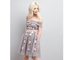 Petite - Robe grise en tulle à col Bardot avec appliqués floraux