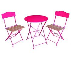 Ensemble 3 pièces pour terrasse : 1 table ronde + 2 chaises - Style bistrot - Coloris ROSE Framboise