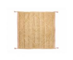 Tapis carré tressé main en jute pompon et ganse rose 140x140cm ELILI
