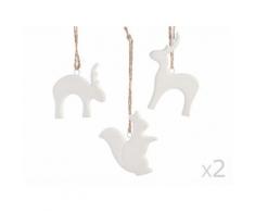 Set de 6 suspensions en porcelaine forme animaux assortis 6.5x0.5cm PURE