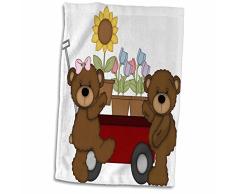 3dRose Cute Nounours Marron avec Une brouette Plein de Fleurs en Pot Serviette, Multicolore, 15Â x 55,9Â cm