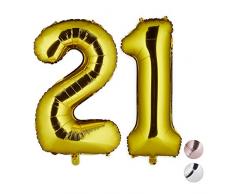 Relaxdays Ballon Chiffre Numéro 21 Gonflable Anniversaire Décoration Géant Mariage Fête Hélium 85-100 cm, Dore