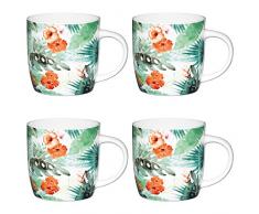 Kitchencraft Fine Feuille de Palmier Floral-Printed Corps Tasses, 425Â ML (Lot de 4), Porcelaine Anglaise, Multi/Couleur, 8.9Â x 12.4Â x 9Â cm