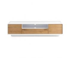 INSIDE Meuble TV Design scandinave Tally 2 Portes 1 tiroir laqué Blanc Mat et chêne Massif