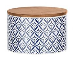 WENKO 54097100 Boîte de Rangement Lorca avec Couvercle en Bambou, Capacité : 0,75 L, Céramique, 14 x 8,5 x 14 cm, Bleu/ Blanc