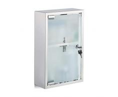 Relaxdays 10024529 Armoire à Pharmacie INOX Porte Verre 2 Niveaux Ferme à Clé Médicaments Pansements Brillant 40x25x11cm, Argenté, Acier Inoxydable, 40x25x11 cm
