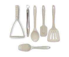 Zeal JSET47C Lot de 6 pinces, spatule, cuillÃ¨re de cuisine, spatule et presse-purÃ©e en silicone anti-adhÃ©sif CrÃ¨me