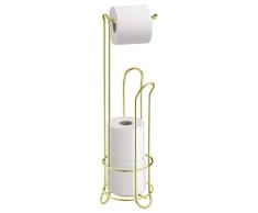 iDesign porte papier toilette avec espace pour rouleaux davance, distributeur papier toilette compact en métal, dérouleur papier WC sur pied pour 4 rouleaux, doré