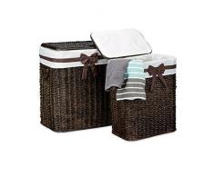 Relaxdays Panier à linge lot de 2 palmier tressé rectangle avec couvercle H x l x P: 565 x 465 x 335 cm capacité 67 L coffre à linge respirant poignées sac en tissu amovible corbeille brun choco