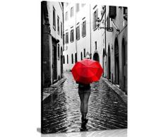 Impression sur toile murale Motif femme avec parapluie rouge Noir et blanc 18 x 12 cm