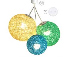 Luminaire Suspension E27-100% prêt à lâemploi sans outils - A visser directement sur une douille E27 - Télécommande sans fil - 3 boules en chanvre naturel - 3 ampoules LED E27 incluses (3x7W)-Borneo