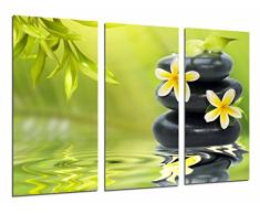 Tableau Moderne Photographique, Impression sur bois, Fleurs Zen, Pierres dans leau, Budda Budha Relax, Vert, 97 x 62 cm, ref. 26923