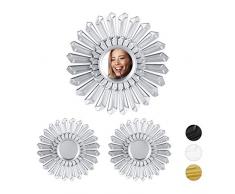 Relaxdays 10025715_55 Miroir soleil, Lot de 3, décoration murale, Avec suspension, Cadre plastique, Ø, 25 cm, argenté, PP, verre, 25 x 25 x 2 cm