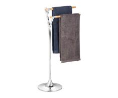 Relaxdays Porte pied, support serviette 2 bras, bain douche, bois, acier, HxlxP: 85 x 52 x 26 cm, argent, One size