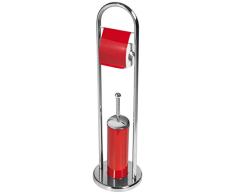 Home Support Porte Rouleau Papier Toilette et Brosse WC, métal, Rouge et Acier