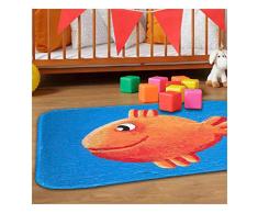 HOK- Tapis Ultra Doux Poisson Rouge Bleu - Polyester - 130 X 180 cm - Tapis Chambre Enfant - Made in Europe