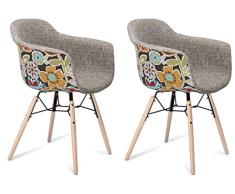 Furnhouse Moderne Scandinave Rétro Vintage Design Chaise de salle à manger Flame, Rouge / Gris Tissu, Hêtre Bois, Métal Naturel Pieds, Lot de 2, 59x57x80
