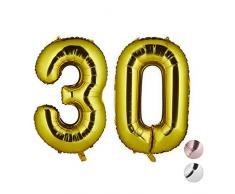 Relaxdays Ballon Chiffre Numéro 30 Gonflable Anniversaire Décoration Mariage Fête Hélium 85-100 cm, Doré