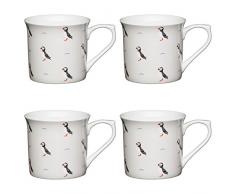 Kitchencraft Fine macareux cannelÃ©e ImprimÃ© Bird Tasses, 300Â ML (Lot de 4), Porcelaine Anglaise, Beige, 11.5Â x 8.5Â x 8Â cm