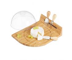 Relaxdays 10026122 Plateau bambou, cloche à fromage, couteau parmesan, fourchette, couvert, barre aimantée, nature, plastique, métal, One size