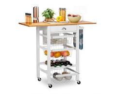 Relaxdays 10024986 Desserte de cuisine, plan de travail pliant, bambou, bloc-couteaux, chariot, paniers, range-bouteilles, blanc, MDF, acier, 89 x 60 x 49 cm