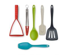 Zeal JSET47QB Lot de 6 pinces, spatule, cuillÃ¨re de cuisine, spatule et presse-purÃ©e en silicone anti-adhÃ©sif