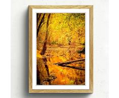 Big Box ArtForêt en Automne avec Un étang Paysage Impression avec Cadre Noir, Multicolore, Format A2, 24,5 x 45,7 cm P, Bois Dense, chêne, 24.5 x 18-inch