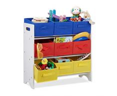 Relaxdays Étagère pour enfant avec 9 paniers pliables avec anses et tubes en métal Blanc/multicolore 62 x 63 x 28 cm