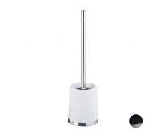 Relaxdays Porte brosse WC plastique avec brosse WC et tÃªte changeable poignÃ©e en mÃ©tal rond 37 cm, blanc