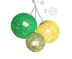 Luminaire Suspension E27-100% prêt à lâemploi sans outils - A visser directement sur une douille E27 - Télécommande sans fil - 3 boules en chanvre naturel - 3 ampoules LED E27 incluses (3x9W)-Canopée